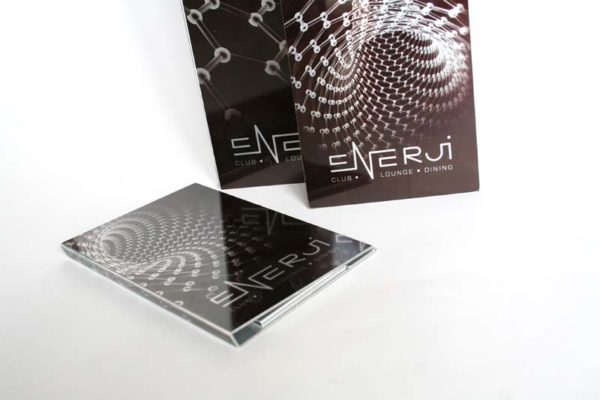 We created these amazing menus for a Hotel in Baku. Metal menu covers, Note Pads, Bill presenters, Cocktail sized menus. Dye sub printed in unique design to highlight metallic effect of metal through the print.
