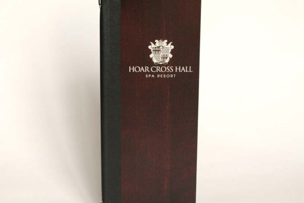 Dark cherry wooden menu covers in Cocktail size with white laser engraved logo and bonded leather spine with elastic in the spine to hold pages for menus.